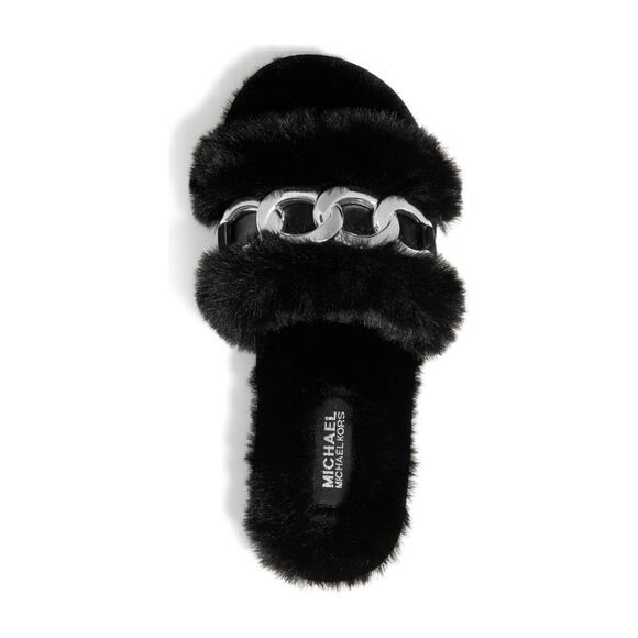 New! MICHAEL KORS Women's Scarlett Chain-trim Slippers Sandals Shoe Black Silver - Picture 1 of 8